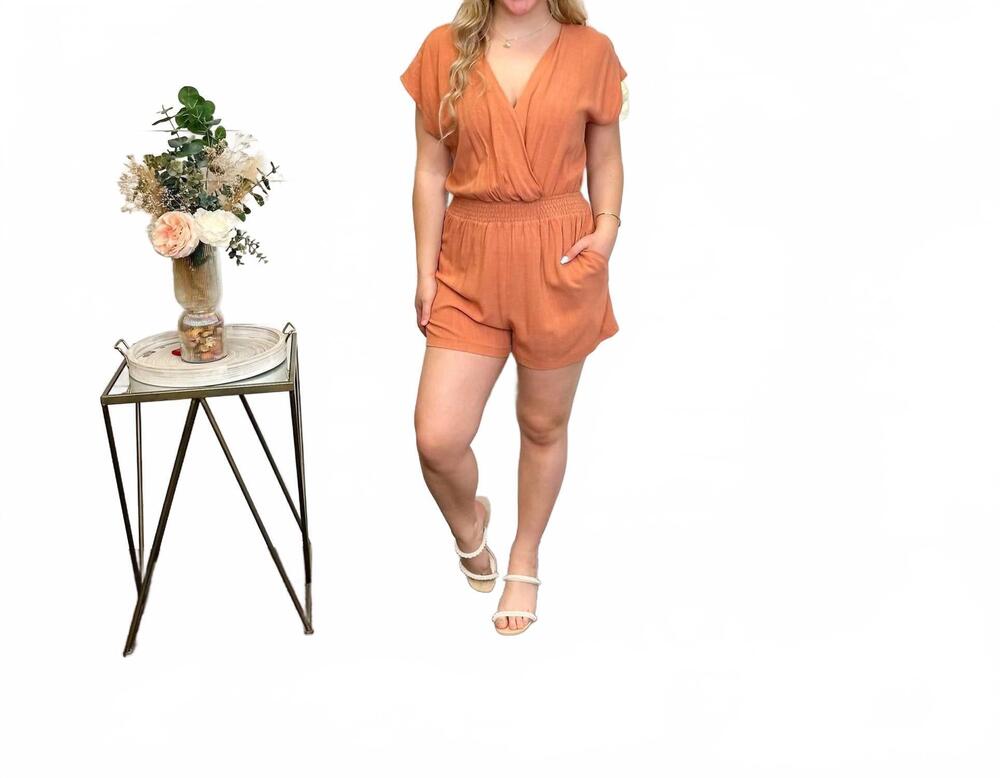 NEW HEM & THREAD know your mind lightweight short sleeve romper in clay